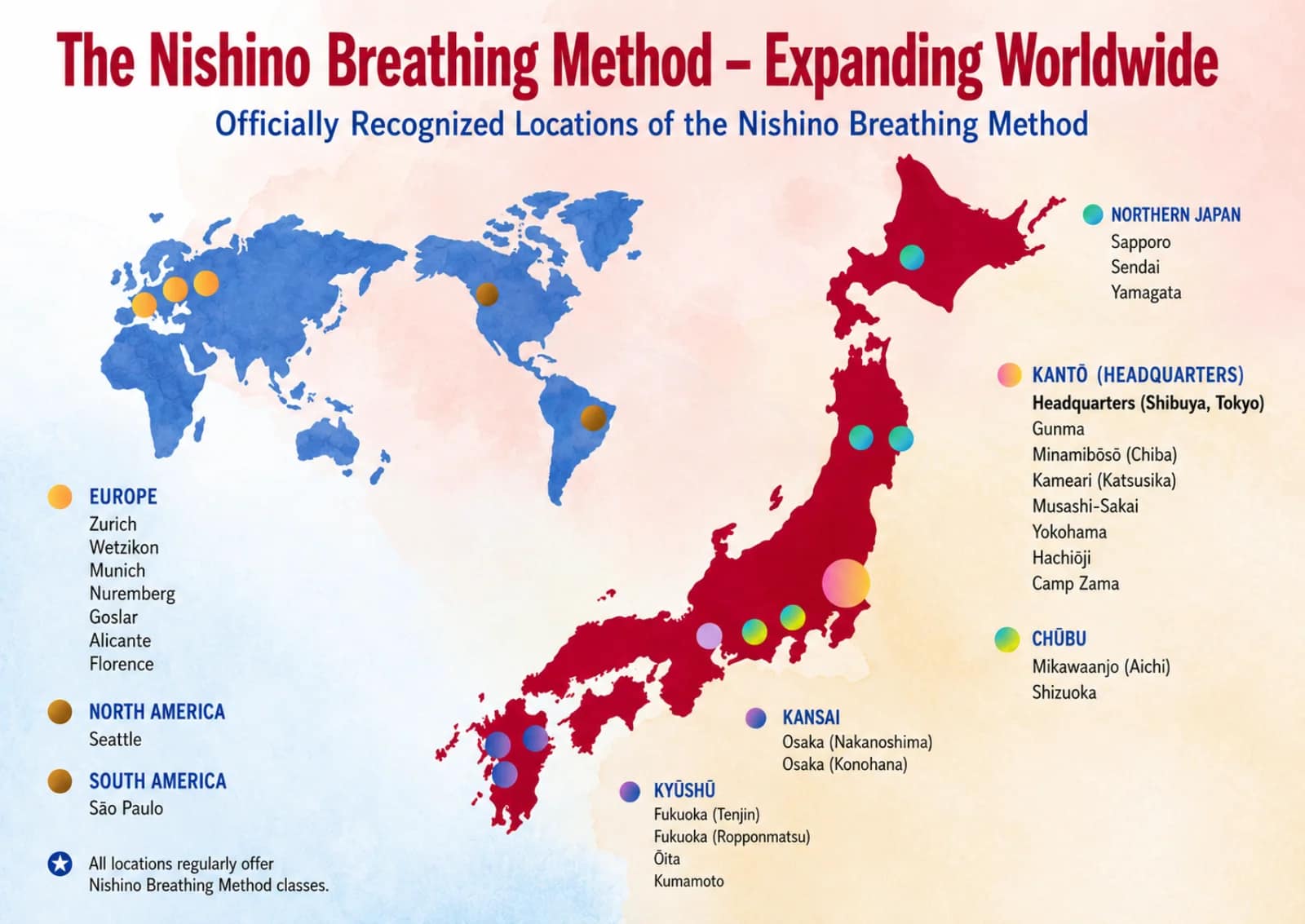 世界に広がる西野流呼吸法 総本部公認教室 マップ
